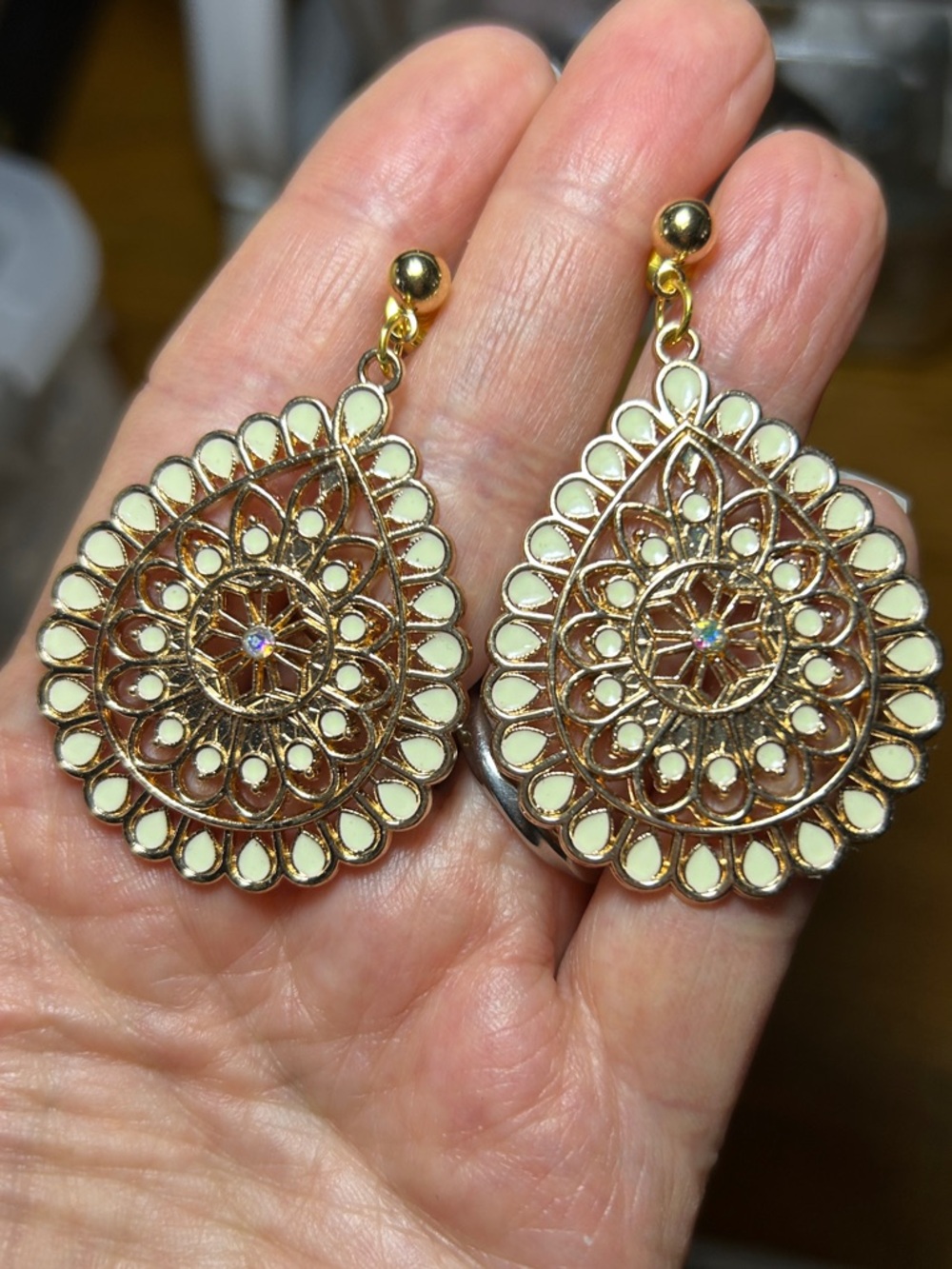 3/$25 Gold Teardrop Filigree Earrings with Cream Accents